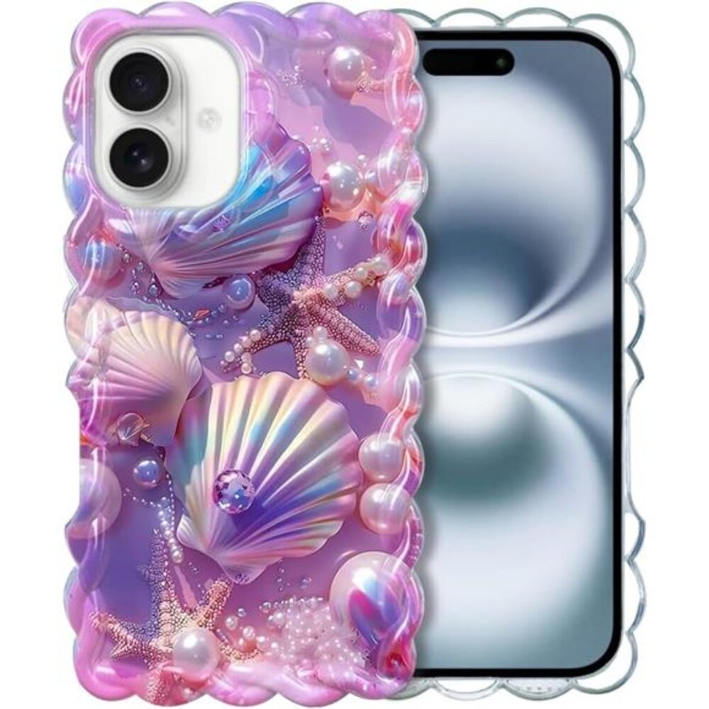 Iphone 16 15 14 13 Colorful Seashell Glossy iPhone Case with Curly Wave Border